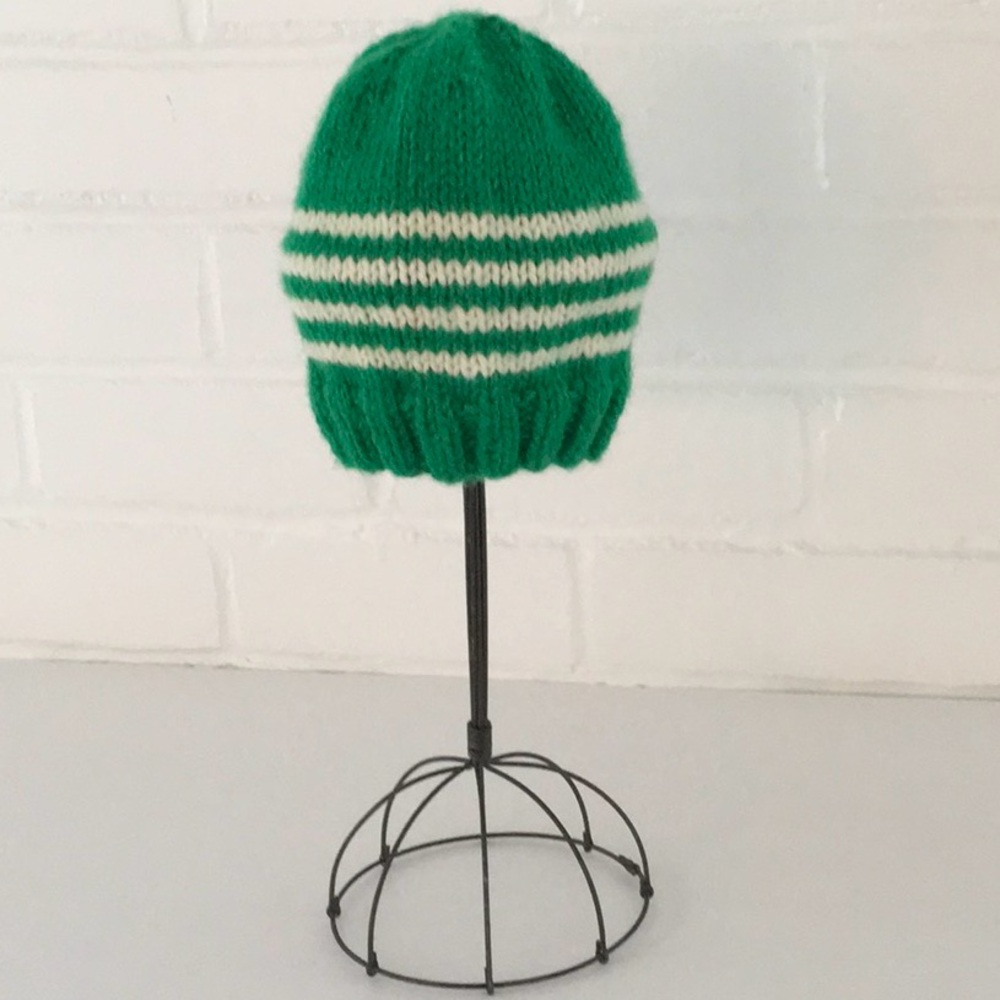 Handmade Knitted Kelly Green and White Striped St. Patricks Day Baby Beanie
